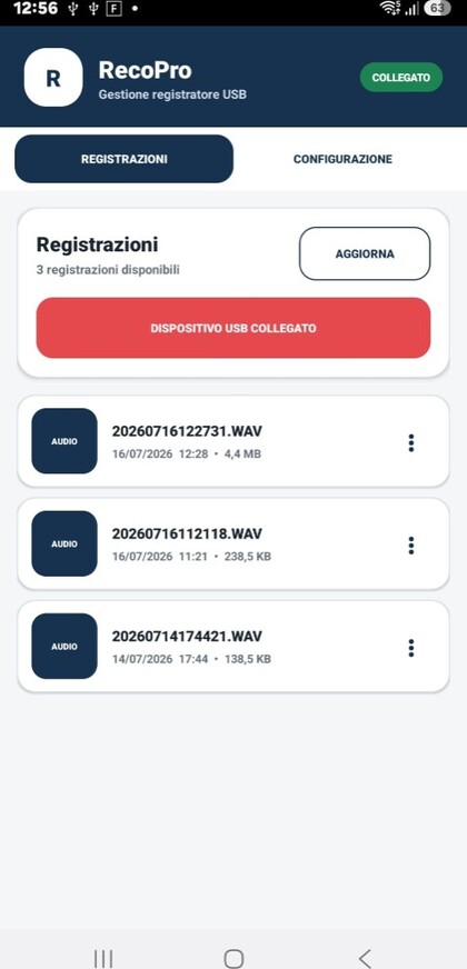 App RecoPro Android — elenco registrazioni audio del micro registratore vocale