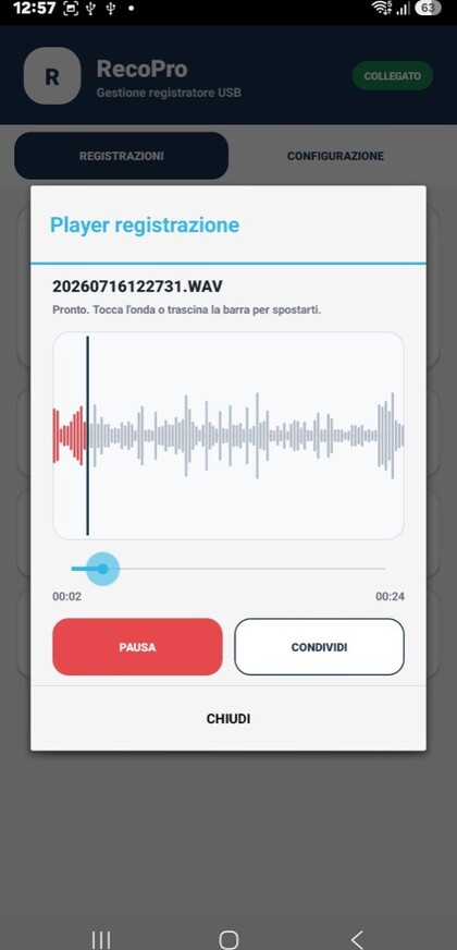 App RecoPro Android — player audio con forma d'onda del registratore vocale